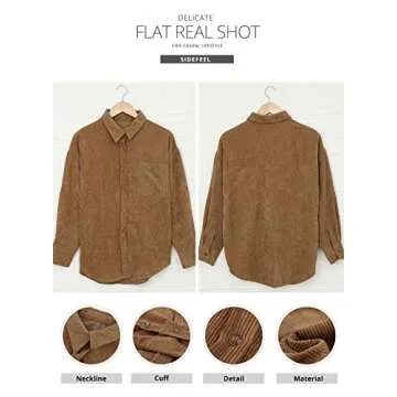 Sidefeel Women Corduroy Long Sleeve Button Down Shirt Oversized Jacket Tops Medium Brown