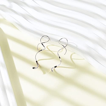 Handmade 925 Sterling Silver Spiral Threader Earrings Hypoallergenic Twisted Curved Drop Dangle Earrings Pull Through Earrings for Women Trendy Fashion-Long Silver