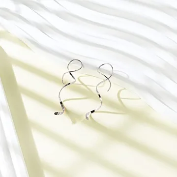 Handmade 925 Sterling Silver Spiral Threader Earrings Hypoallergenic Twisted Curved Drop Dangle Earrings Pull Through Earrings for Women Trendy Fashion-Long Silver