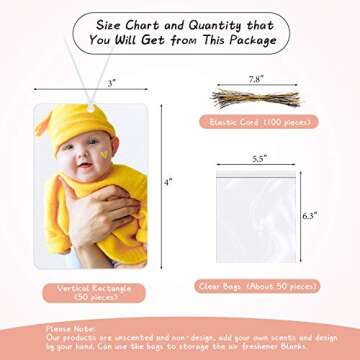 50 Pieces Sublimation Air Freshener Blanks Rectangle Shape Air Freshener Sheets for Car and Home Polyester Felt Air Freshener with 100 Elastic Drawstrings and 50 Bags for DIY HTV Inks Heat Press