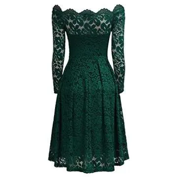 MISSMAY Women's Vintage Floral Lace Long Sleeve Boat Neck Cocktail Party Swing Dress, XX-Large, Green