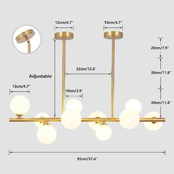 BOKT Modern Gold Globe Sputnik Chandelier Mid Century Brass Linear Chandelier 10-Lights Frosted Whit...
