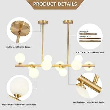 BOKT Modern Gold Globe Sputnik Chandelier Mid Century Brass Linear Chandelier 10-Lights Frosted White Glass Ball Pendant Light Ceiling Lamp Dining Light Fixture Over Table