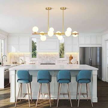 BOKT Modern Gold Globe Sputnik Chandelier Mid Century Brass Linear Chandelier 10-Lights Frosted White Glass Ball Pendant Light Ceiling Lamp Dining Light Fixture Over Table