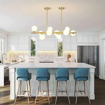 BOKT Modern Gold Globe Sputnik Chandelier Mid Century Brass Linear Chandelier 10-Lights Frosted White Glass Ball Pendant Light Ceiling Lamp Dining Light Fixture Over Table