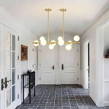 BOKT Modern Gold Globe Sputnik Chandelier Mid Century Brass Linear Chandelier 10-Lights Frosted White Glass Ball Pendant Light Ceiling Lamp Dining Light Fixture Over Table