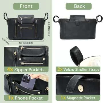 miss fong Stroller Organizer with Insulated Cup Holder Stroller Accessory Bag, Stroller Caddy Stroller Diaper Bag Stroller Storage with Adjustable Strap to Fit All Strollers (Black)
