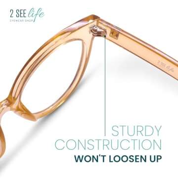 Champagne Large Horn Rimmed Cat Eye Reading Glasses for Women with Sturdy Frame - Spring Hinges Eyeglasses - Cateye Readers for Women - All Face Shape Fashion Glasses for Women - Cheaters Glasses 2.0+