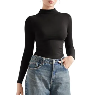 SUUKSESS Women Ribbed Modal Long Sleeve Casual Tops High Neck Going Out Trendy T Shirts (Black,M)