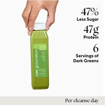 Raw Generation 7-Day Lower Sugar Detox Cleanse - Boost Digestion & Eliminate Bloating/Detox Gut, Colon, Liver/Less Sugar & 47g Protein Daily/Non-GMO, 100% Plant-Based Juices