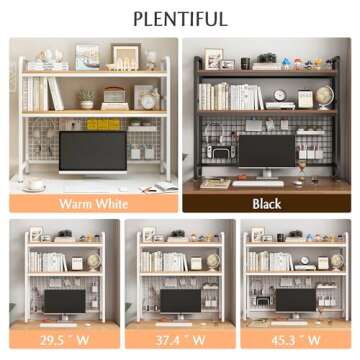 IOTXY 2-Tier Desktop Hutch Bookshelf - Metal Desk Shelf Bookcase with Grid Panel, Countertop Storage Organizer Rack for Dorm or Office, White, 45.3" W