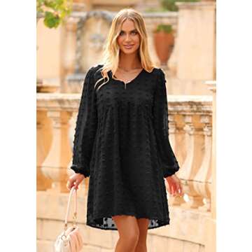 KIRUNDO Womens Dresses 2024 Spring Summer Long Sleeve Mini Dress V Neck Flowy Casual Swiss Dot Loose Babydoll Maternity Dress(Black, Large)