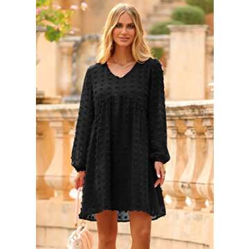 KIRUNDO Womens Dresses 2024 Spring Summer Long Sleeve Mini Dress V Neck Flowy Casual Swiss Dot Loose Babydoll Maternity Dress(Black, Large)