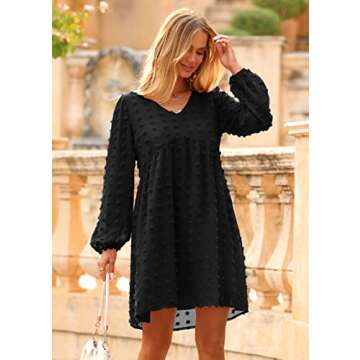 KIRUNDO Womens Dresses 2024 Spring Summer Long Sleeve Mini Dress V Neck Flowy Casual Swiss Dot Loose Babydoll Maternity Dress(Black, Large)