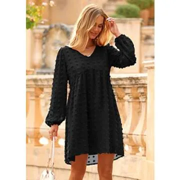 KIRUNDO Womens Dresses 2024 Spring Summer Long Sleeve Mini Dress V Neck Flowy Casual Swiss Dot Loose Babydoll Maternity Dress(Black, Large)