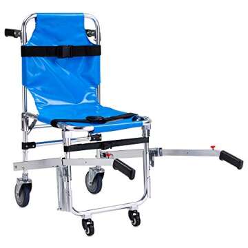 LINE2design EMS Ambulance 4 Wheels Stair Chair - Foldable Aluminum Evacuation Medical Transport Stair Chair with Patient Restraint Straps - 350 lbs Capacity - Blue 36″ x 21″ x 28″