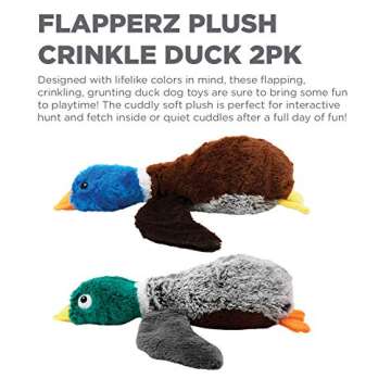 Outward Hound Flapperz Plush Crinkle Duck Dog Toy, 2-Pack - Grunt, Crinkle & Flop, Small