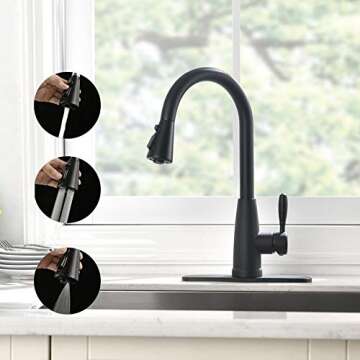Kitchen Faucet, Splash Proof, Kitchen Sink Faucet, Sink Faucet Kitchen, Kitchen Faucet Pull-Down, Faucet with Sprayer, Bar Faucet, Stainless Steel, Matte Black, PAKING PB1029