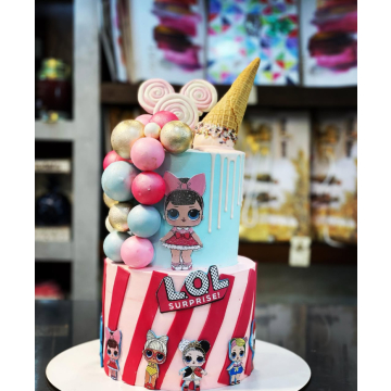 کیک سفارشی دوطبقه LOL آبی صورتی تولد کودک درِپ و بستنی وا...
