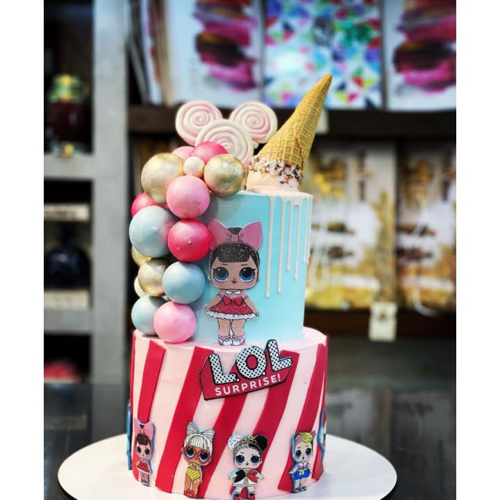 کیک سفارشی دوطبقه LOL آبی صورتی تولد کودک درِپ و بستنی وارونه تم عروسکی
