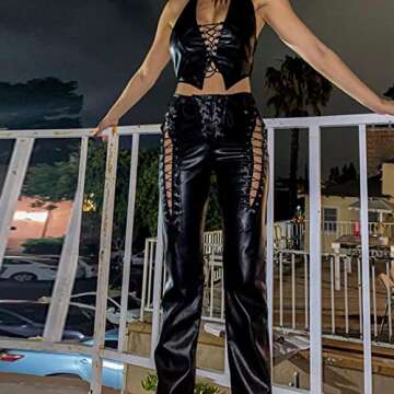 Muineobuka Women Sexy Hollow Lace-up Leather Pants Solid Color High Waist Slim Fit Straight-Leg Leather Trousers Streetwear (Black, Small)