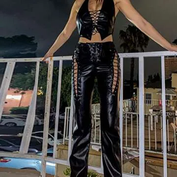 Muineobuka Women Sexy Hollow Lace-up Leather Pants Solid Color High Waist Slim Fit Straight-Leg Leather Trousers Streetwear (Black, Small)