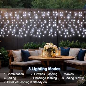 DBFAIRY Solar Curtain Lights,13ft x 3.3ft 200 LED Outdoor Solar Curtain Lights Waterproof Green Wire with 8 Mode for Garden Handrail Railing Eaves Wall Decoration -Cool White