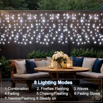 DBFAIRY Solar Curtain Lights,13ft x 3.3ft 200 LED Outdoor Solar Curtain Lights Waterproof Green Wire with 8 Mode for Garden Handrail Railing Eaves Wall Decoration -Cool White