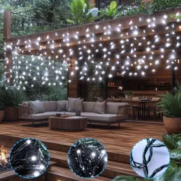 DBFAIRY Solar Curtain Lights,13ft x 3.3ft 200 LED Outdoor Solar Curtain Lights Waterproof Green Wire with 8 Mode for Garden Handrail Railing Eaves Wall Decoration -Cool White