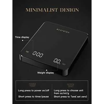 ECORELAX Digital Coffee Scale, Rechargeable Pour-Over Coffee Scale with Timer, Drip Espresso Scale with Touch Sensor Operation and Invisible Screen, Measures in Grams, Ounces, and Milliliter Black
