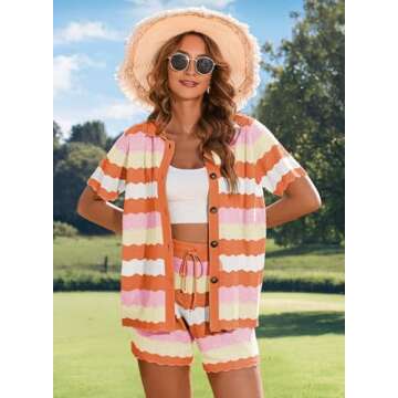 Pink Queen Sexy 2 Piece Outfits for Women Short Sleeve Knit Top with High Waisted Shorts Set Striped Orange Large