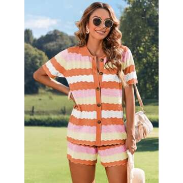 Pink Queen Sexy 2 Piece Outfits for Women Short Sleeve Knit Top with High Waisted Shorts Set Striped Orange Large