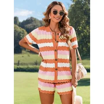 Pink Queen Sexy 2 Piece Outfits for Women Short Sleeve Knit Top with High Waisted Shorts Set Striped Orange Large