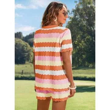 Pink Queen Sexy 2 Piece Outfits for Women Short Sleeve Knit Top with High Waisted Shorts Set Striped Orange Large