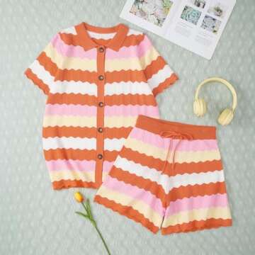 Pink Queen Sexy 2 Piece Outfits for Women Short Sleeve Knit Top with High Waisted Shorts Set Striped Orange Large