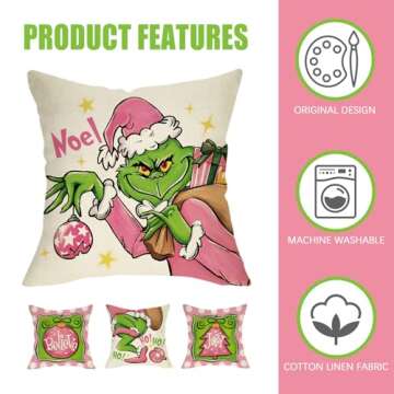 Fahrendom Christmas Decorative Throw Pillow Covers 18 x 18 Set of 4, Pink Xmas Tree Christmas Ball Joy Believe Porch Patio Outdoor Pillowcase, Hohoho Noel Winter Holiday Sofa Cushion Case Home Decor