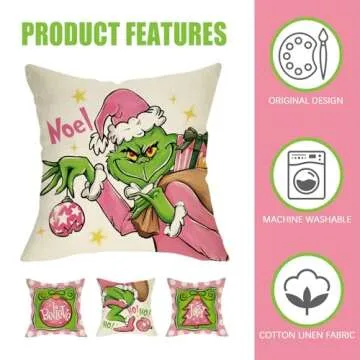 Fahrendom Christmas Decorative Throw Pillow Covers 18 x 18 Set of 4, Pink Xmas Tree Christmas Ball Joy Believe Porch Patio Outdoor Pillowcase, Hohoho Noel Winter Holiday Sofa Cushion Case Home Decor