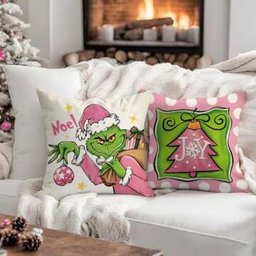 Fahrendom Christmas Decorative Throw Pillow Covers 18 x 18 Set of 4, Pink Xmas Tree Christmas Ball Joy Believe Porch Patio Outdoor Pillowcase, Hohoho Noel Winter Holiday Sofa Cushion Case Home Decor