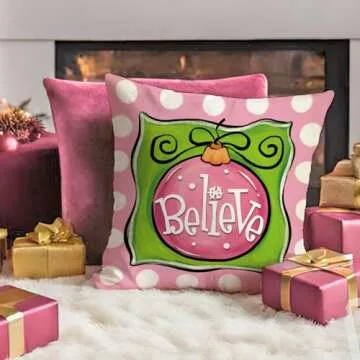 Fahrendom Christmas Decorative Throw Pillow Covers 18 x 18 Set of 4, Pink Xmas Tree Christmas Ball Joy Believe Porch Patio Outdoor Pillowcase, Hohoho Noel Winter Holiday Sofa Cushion Case Home Decor