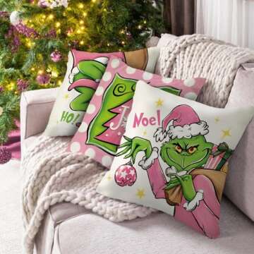 Fahrendom Christmas Decorative Throw Pillow Covers 18 x 18 Set of 4, Pink Xmas Tree Christmas Ball Joy Believe Porch Patio Outdoor Pillowcase, Hohoho Noel Winter Holiday Sofa Cushion Case Home Decor