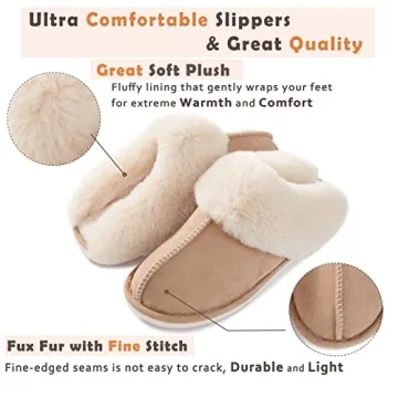 Donpapa Womens Slipper with Memory Foam Fluffy Soft Warm Slip On House Slippers Anti-Skid Cozy Plush for Indoor Outdoor Tan Medium