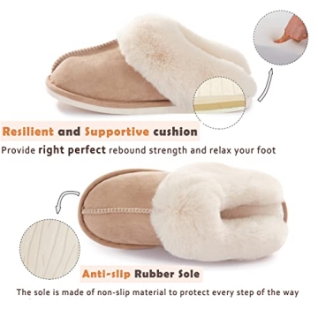 Donpapa Womens Slipper with Memory Foam Fluffy Soft Warm Slip On House Slippers Anti-Skid Cozy Plush for Indoor Outdoor Tan Medium
