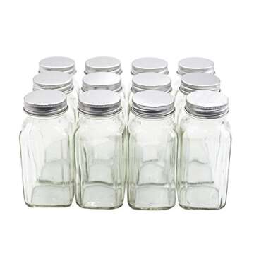 U-Pack 12 pieces of French Square Glass Spice Bottles 6 oz Spice Jars with Silver Metal Lids, Shaker Tops, and Labels by U-Pack
