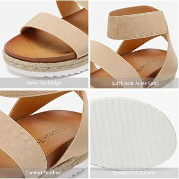 DREAM PAIRS Women's Open Toe Elastica Ankle Strap Espadrille Dressy Flatform Wedge Sandals Elastic Ankle Strap Platform Sandals, Jimmie, Nude, Size 7.5