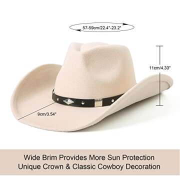 Lanzom Classic Felt Wide Brim Cowboy Cowgirl Hat with Buckle (Beige)