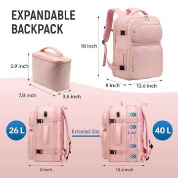 DWQOO Travel Backpack for Women, 17.3'' Flight Approved Carry on Backpack, Large Expandable Suitcase Bag for Weekender Business Camping Hiking, Pink (With make-up bag)