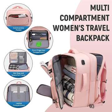 DWQOO Travel Backpack for Women, 17.3'' Flight Approved Carry on Backpack, Large Expandable Suitcase Bag for Weekender Business Camping Hiking, Pink (With make-up bag)