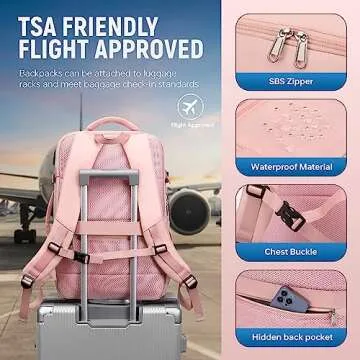 DWQOO Travel Backpack for Women, 17.3'' Flight Approved Carry on Backpack, Large Expandable Suitcase Bag for Weekender Business Camping Hiking, Pink (With make-up bag)