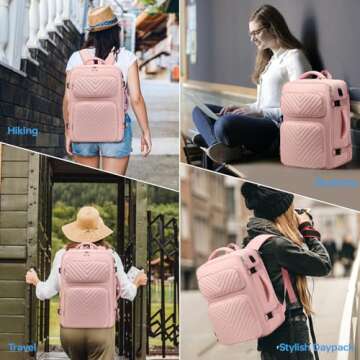 DWQOO Travel Backpack for Women, 17.3'' Flight Approved Carry on Backpack, Large Expandable Suitcase Bag for Weekender Business Camping Hiking, Pink (With make-up bag)