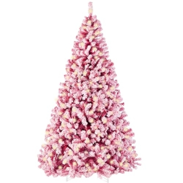 Best Choice Products 9ft Pre-Lit Pink Christmas Tree, Artificial Snow Flocked Full Fir Tree, Holiday...